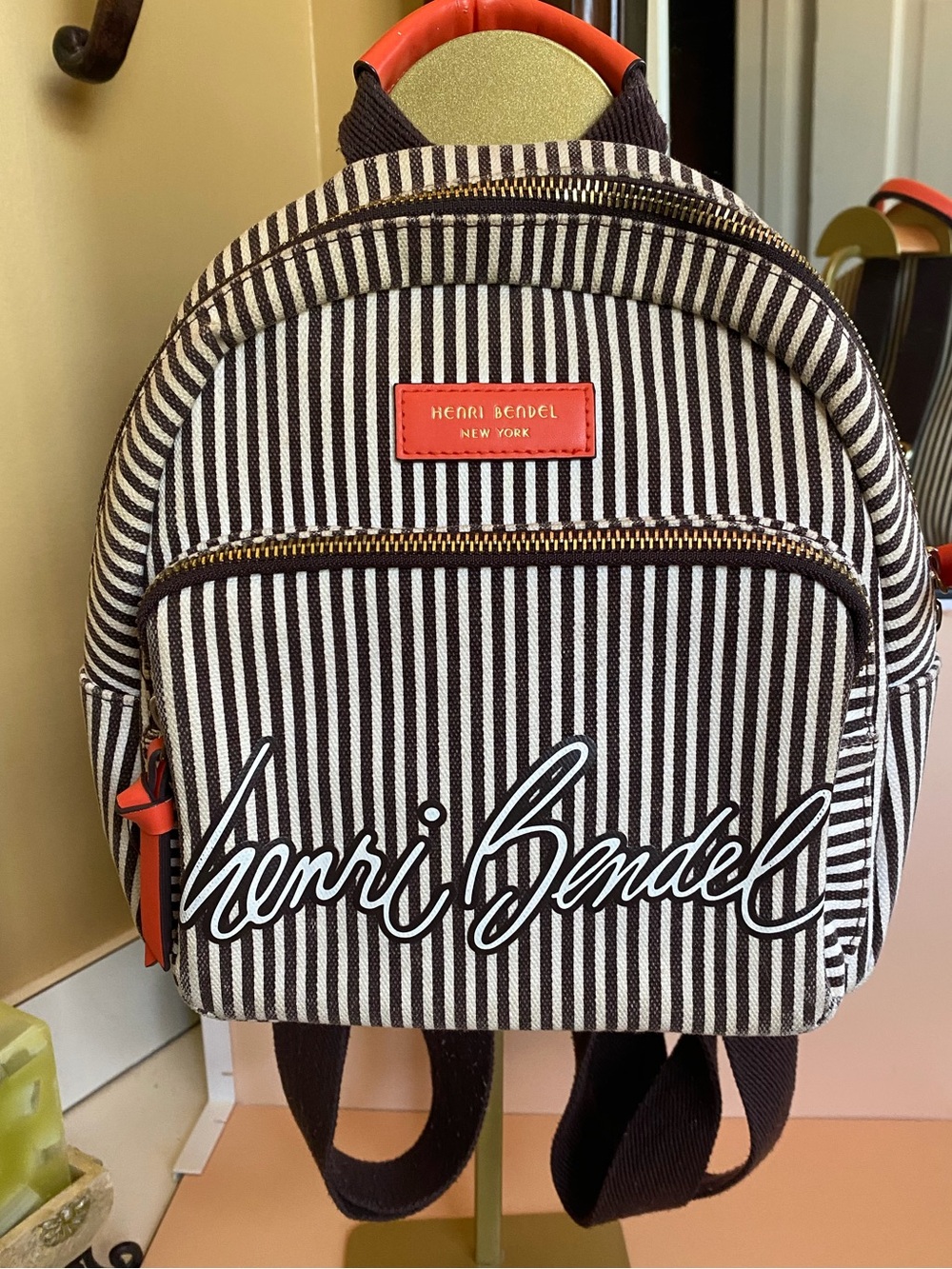 Henri Bendel Black & White Striped Mini Backpack with Coral Trim RARE.
